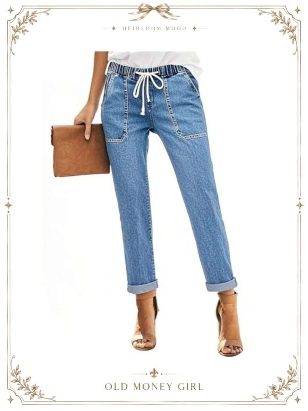 High Waisted Stretch Pull-On Jogger Jeans Drawstring Pockets